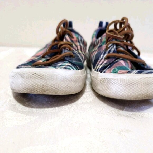 Women SPERRY Canvas Boat Loafers Flats Shoes 6 Plaid Navy Blue Coral Leather Tie - Picture 6 of 12